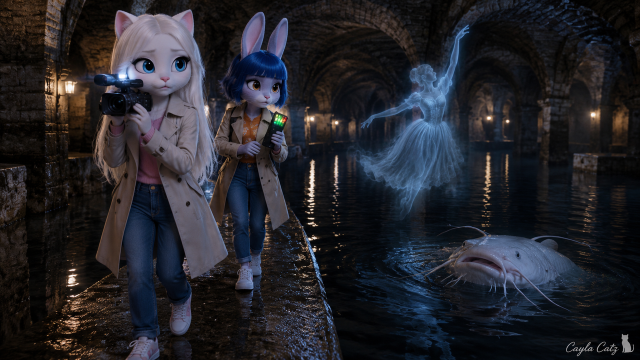 Anthropomorphic cat and rabbit paranormal investigators explore a flooded stone tunnel with a ghost ballerina and giant
