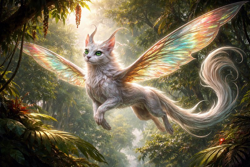 Mythical silver cat with iridescent wings soaring through a lush jungle.