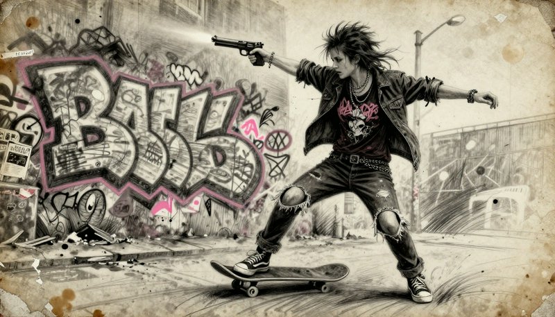 Skater in ripped jeans and leather jacket performing a boardslide in a graffiti-covered urban alley.