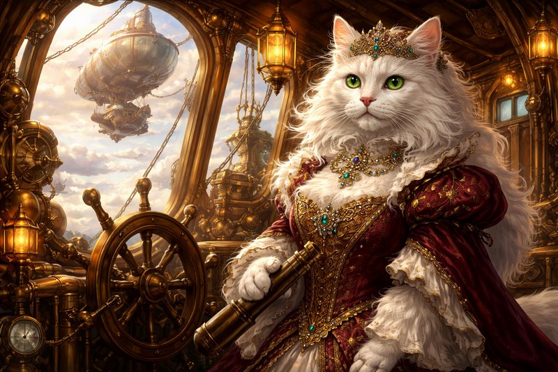 Regal white cat in a jeweled gown and crown aboard a brass steampunk ship.