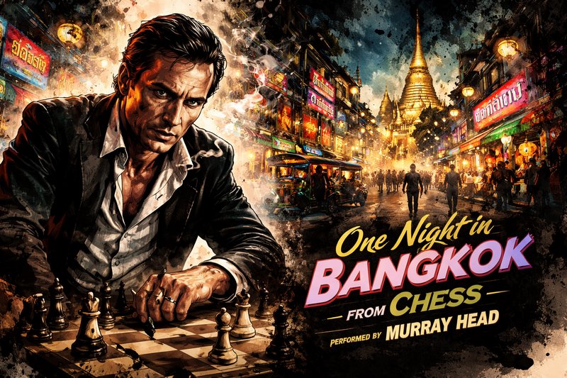Stylized poster of a man in a suit playing chess on a neon-lit Bangkok street at night.
