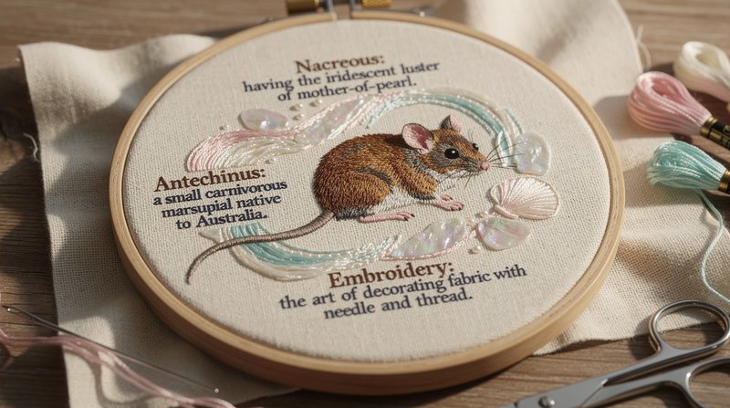 Embroidered hoop art featuring a small brown mouse with decorative coastal shells.