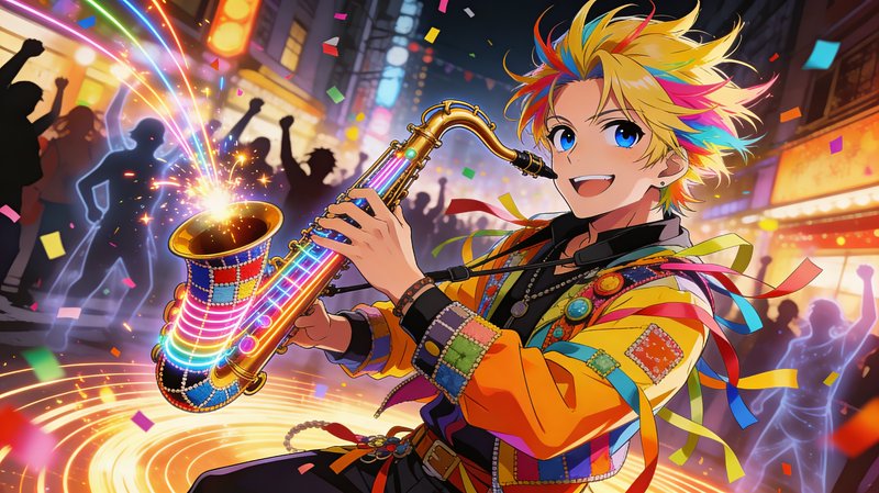 Anime-style character with colorful hair playing a glowing saxophone at a festive street party.
