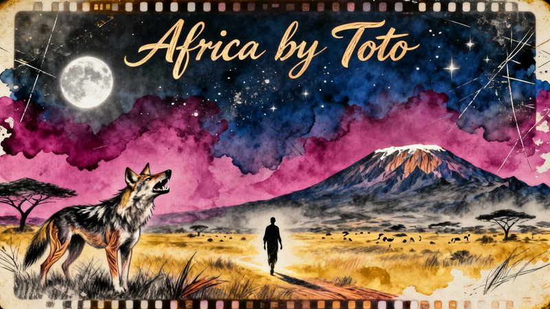 Stylized "Africa by Toto" poster featuring a lone figure in a savannah, a howling wolf, mountain in the distance, and a