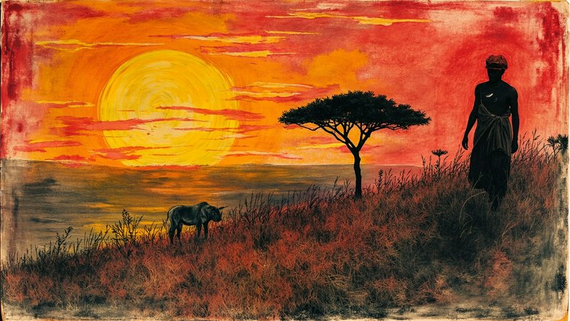 Sunset savannah scene with silhouette woman, lone tree and elephant.