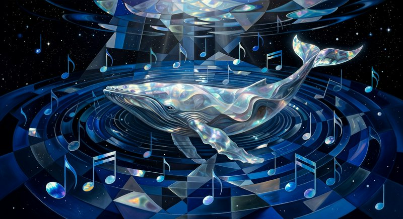 Holographic whale swimming through a blue spiral cosmos with musical notes and geometric shapes.