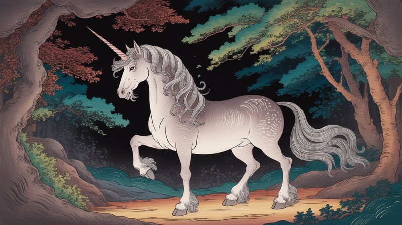 Elegant white unicorn with flowing mane in a colorful forest at night