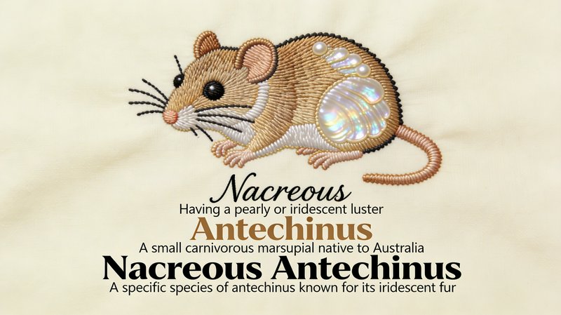 Embroidered illustration of a small rodent with iridescent fur and accompanying text about Nacreous Antechinus.