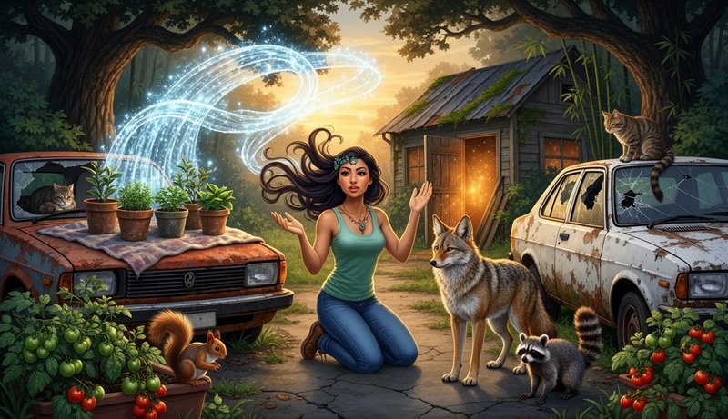 Fantasy woman kneeling with a glowing magical swirl around her in a garden between vintage cars.
