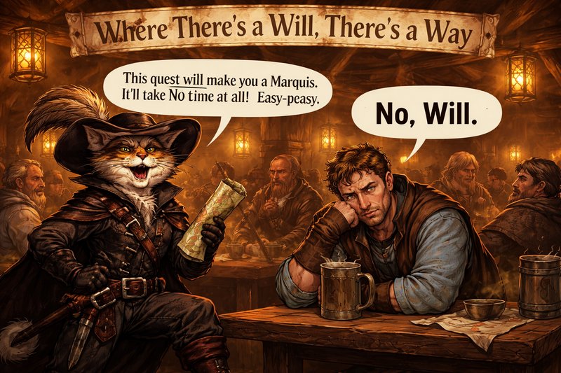 Cat pirate adventurer with a scroll sits beside a grizzled man in a warm tavern setting.