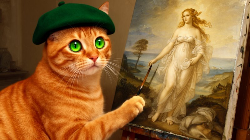 Orange tabby cat wearing a green beret painting a classical-style female figure on an easel.