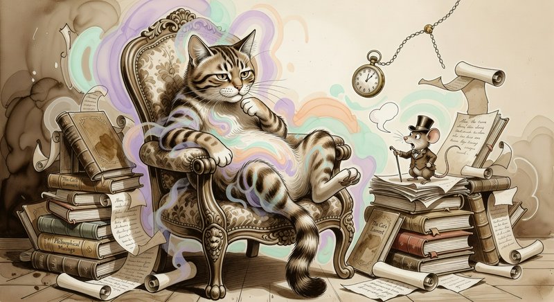 Whimsical cat lounging in an ornate chair surrounded by books, with a tiny mouse writer nearby.