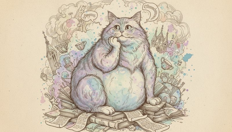 Plump fluffy cat sitting on stacks of books, surrounded by whimsical doodles and pastel watercolor splashes.