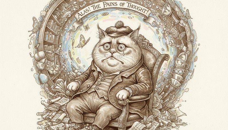 Whimsical cat in a vintage suit sits on a throne, surrounded by books and machinery in a circular frame.