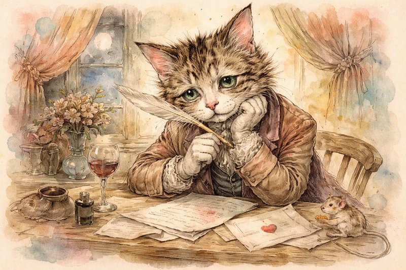 A tabby cat in vintage attire writing with a feather quill at a wooden desk, with papers, ink, wine, and a small mouse