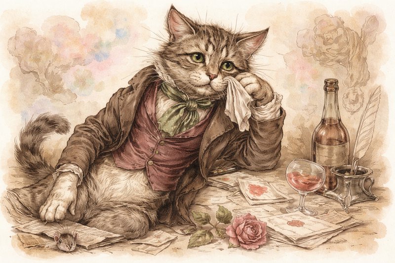 Illustrated cat in Victorian attire wiping mouth with a cloth, surrounded by letters, wine bottle, glass, and a rose.