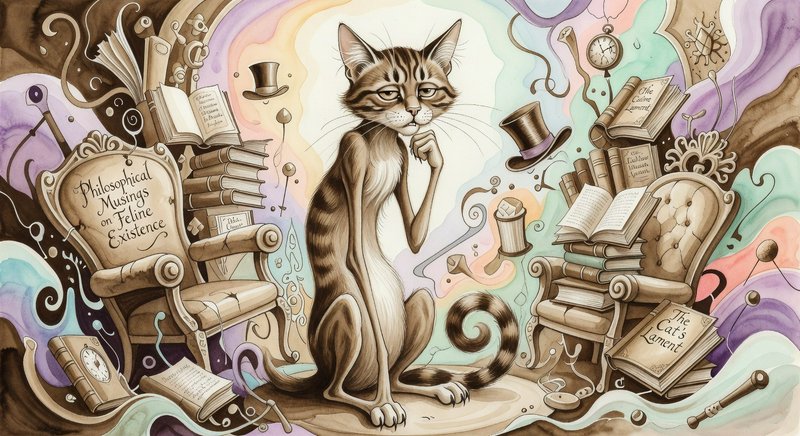 Whimsical illustration of a cat among floating books and dreamlike furniture in colorful surreal scene.