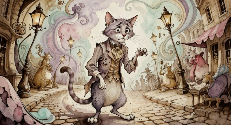 Whimsical cartoon cat in a vest walks a cobblestone street among anthropomorphic animals.