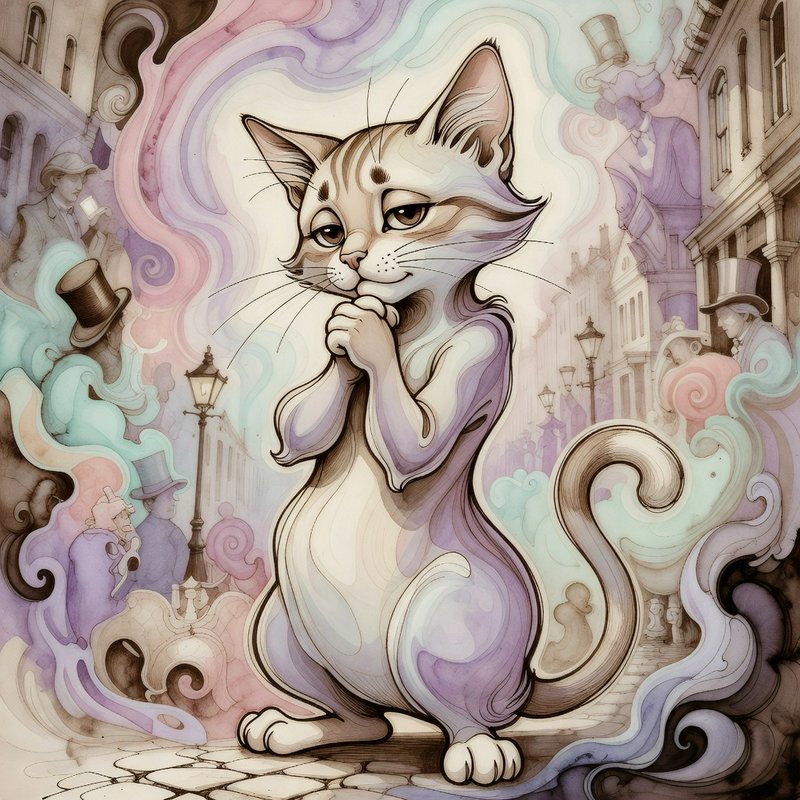 Whimsical pastel-colored cat mural in an urban street scene with swirling patterns