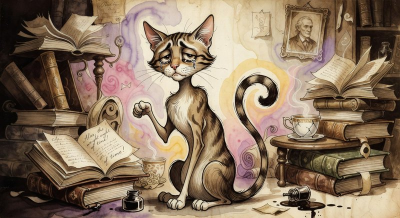 Illustrated sad cat seated among overflowing books, ink, and teacup in a cozy study.