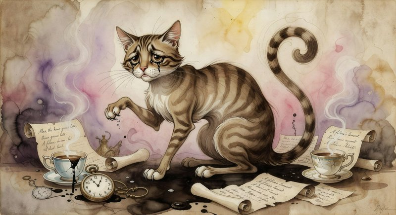 Whimsical watercolor cat amid scattered papers, teacups, and a pocket watch.