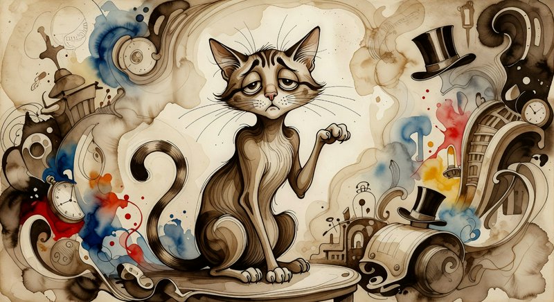 Melancholy cartoon cat sitting on a clockwork table among steampunk gears and whimsical doodles.