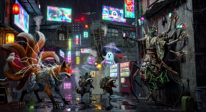 Neon-lit alleyway chase with a multi-armed humanoid villain and a cybernetic fox amid rain and glowing signs.