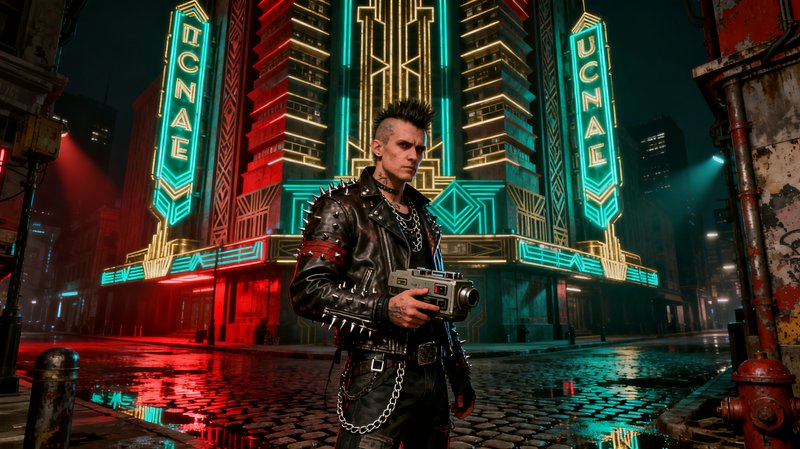 Punk biker in a spiked leather outfit holding a retro camera in a neon-lit cyberpunk city.