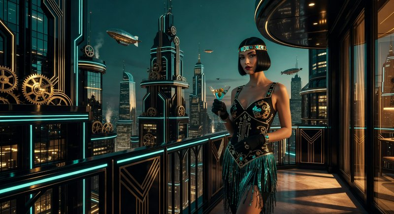 Woman in a retro-futuristic flapper dress on a neon-lit balcony overlooking a cyberpunk cityscape.