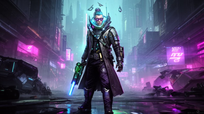 Cyberpunk bounty hunter in neon-lit city with glowing blue sword and futuristic armor.