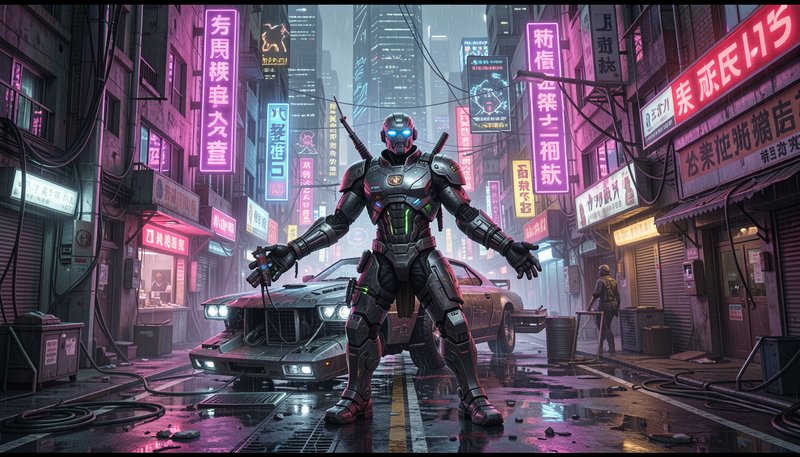Cyberpunk armored robot stands in neon-lit, rain-soaked city street.