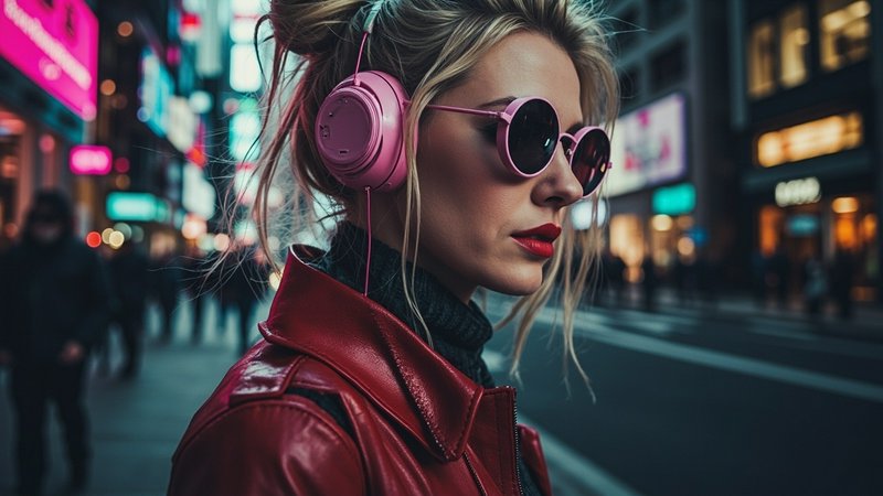 Woman in a red leather jacket wearing pink headphones and round sunglasses in a neon-lit city street at night.
