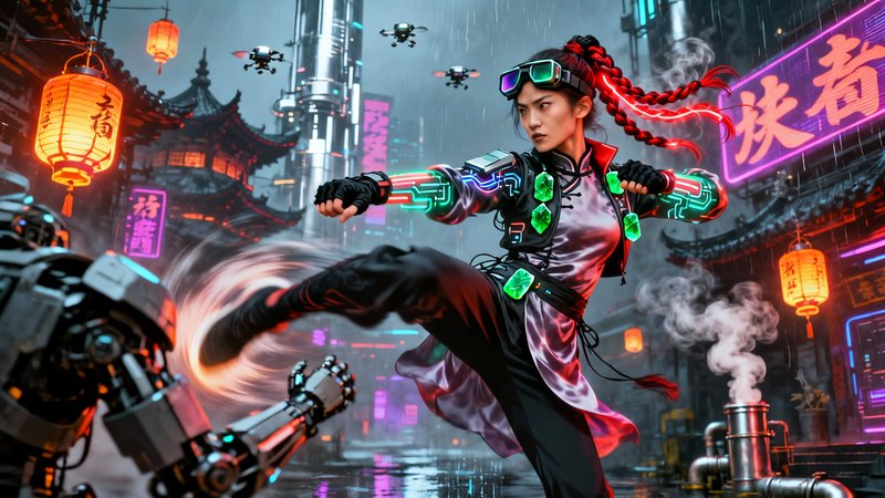 A dynamic cyberpunk martial artist kicks in a neon-lit futuristic city street