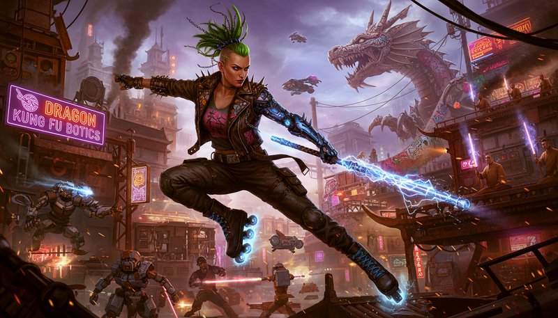 A dynamic cyberpunk battle scene shows a female wa | CaylaCatz on ...