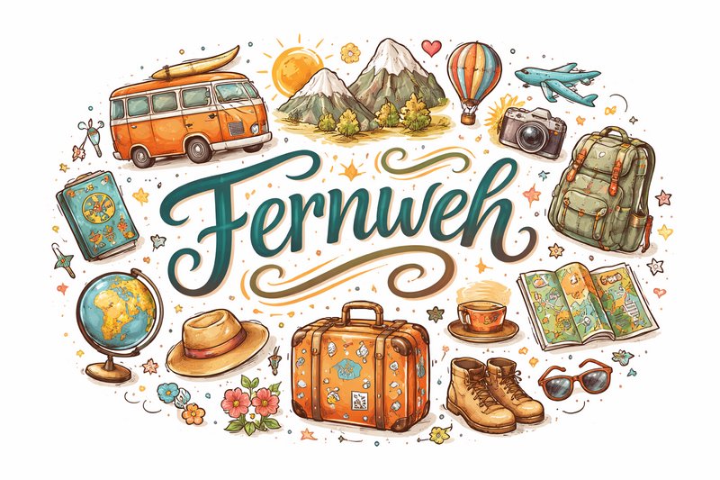 Colorful travel illustration centered on "Fernweh" with suitcase, van, backpack, map, globe, and mountains.