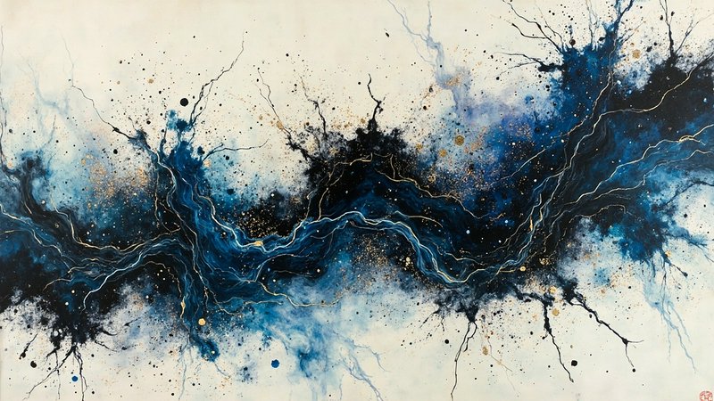 Abstract blue and black splatter painting with gold specks on a light background.