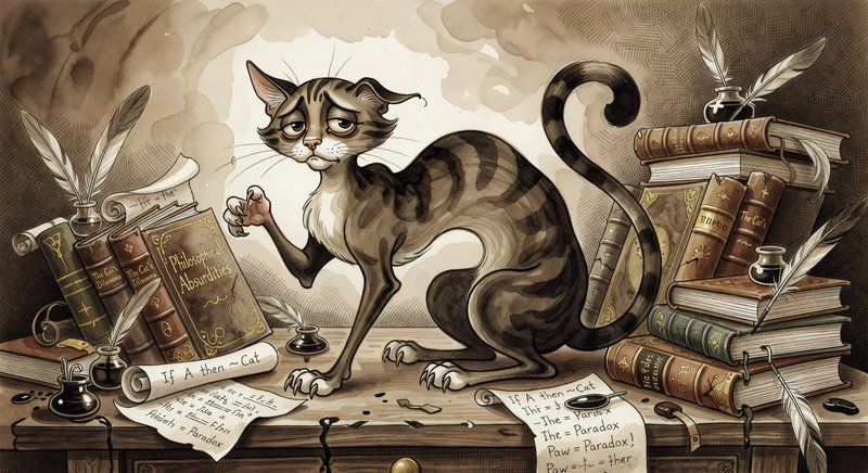 Whimsical tabby cat among vintage books, quills, ink, and scattered papers on a cluttered desk.