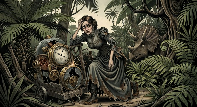 Steampunk-inspired woman in a jungle with a damaged clockwork machine and a dinosaur-like creature nearby.