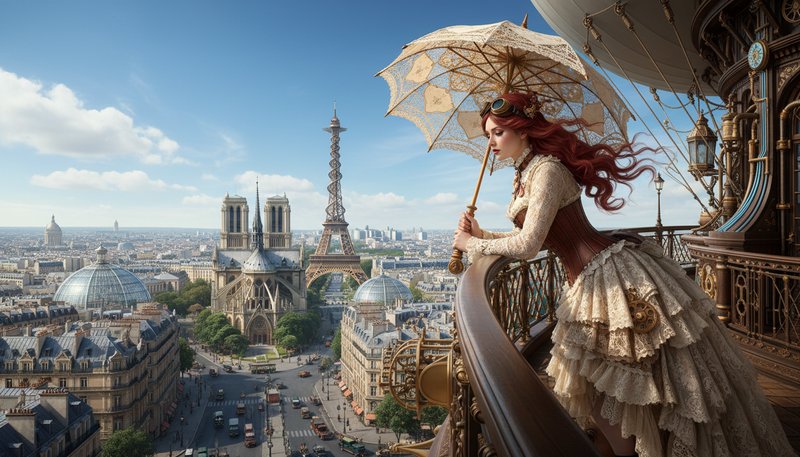 Steampunk Victorian woman in lace dress with parasol on a Paris balcony overlooking the Eiffel Tower.