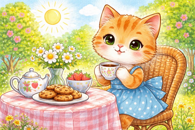 Cute orange kitten in a blue dress having tea at a picnic table in a sunny garden.