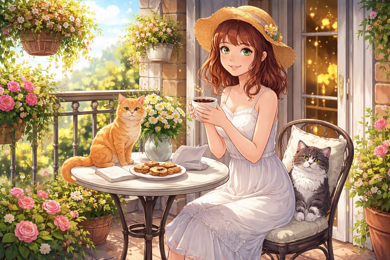 Young woman in a sun hat sits on a balcony with a cat, sipping tea amid flowers and cookies.