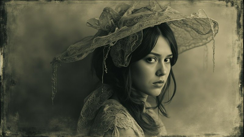 Vintage sepia-toned portrait of a woman in a lace hat looking over her shoulder