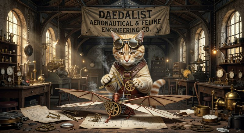Steampunk cat engineer wearing goggles at a workbench with gears and a model aircraft.