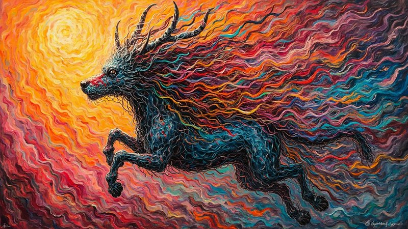Dark horse with a neon, flowing multicolored mane gallops across a swirling sunset background.