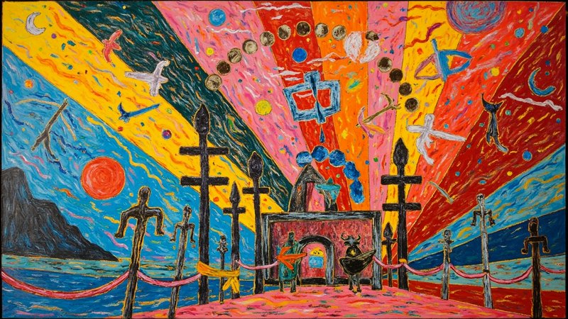 Colorful, surreal gate scene with crosses, figures, and radiant rainbow sky.