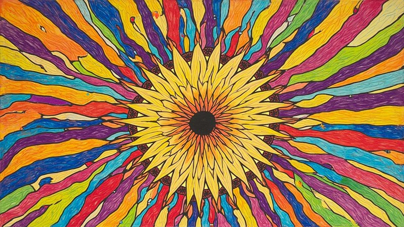 Vibrant radial sunburst mandala with a yellow center and multicolored rays