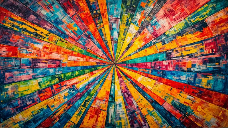 Vibrant radial abstract painting with colorful rays emanating from a central point.