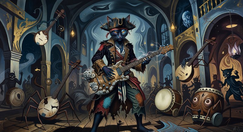 Blue cat pirate guitarist in a tavern filled with whimsical instruments and floating lanterns.
