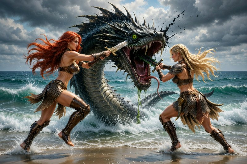 Two armored warrior women battle a roaring sea dragon on a beach.