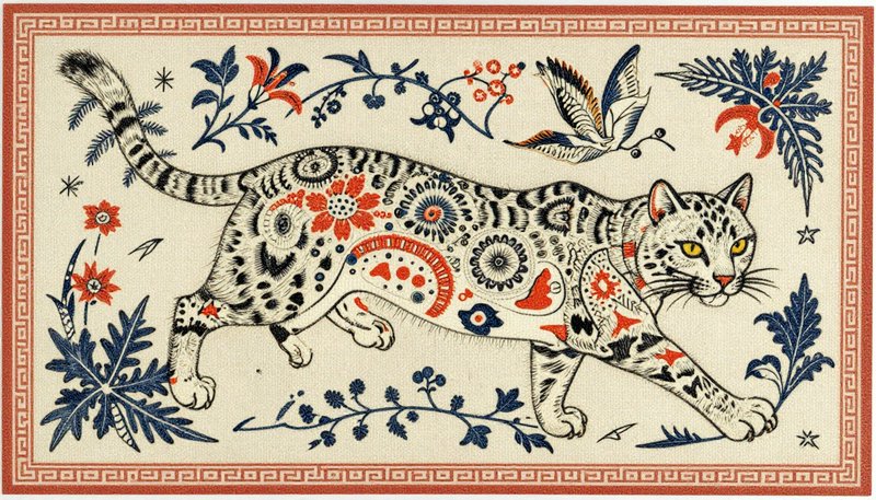 Stylized cat with colorful floral patterns on a cream tapestry background.
